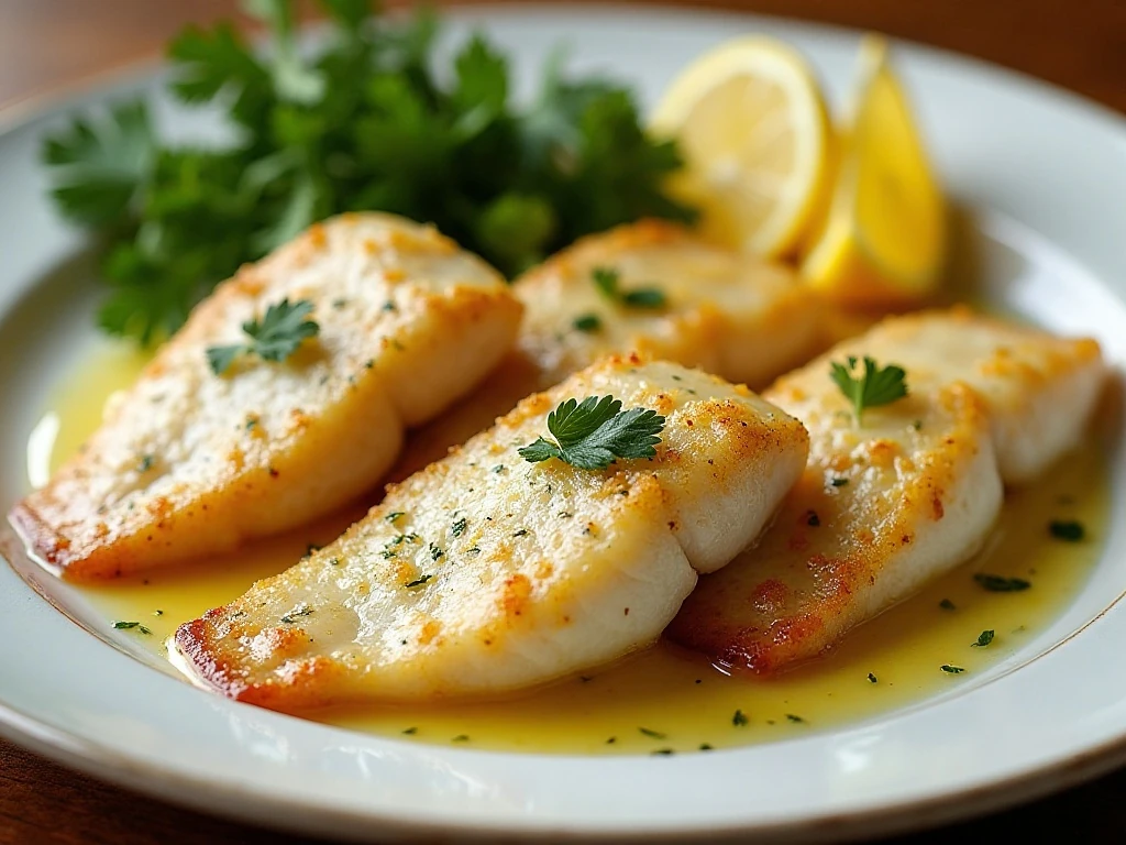 Baked lemon butter tilapia fillets with parsley and lemon wedges