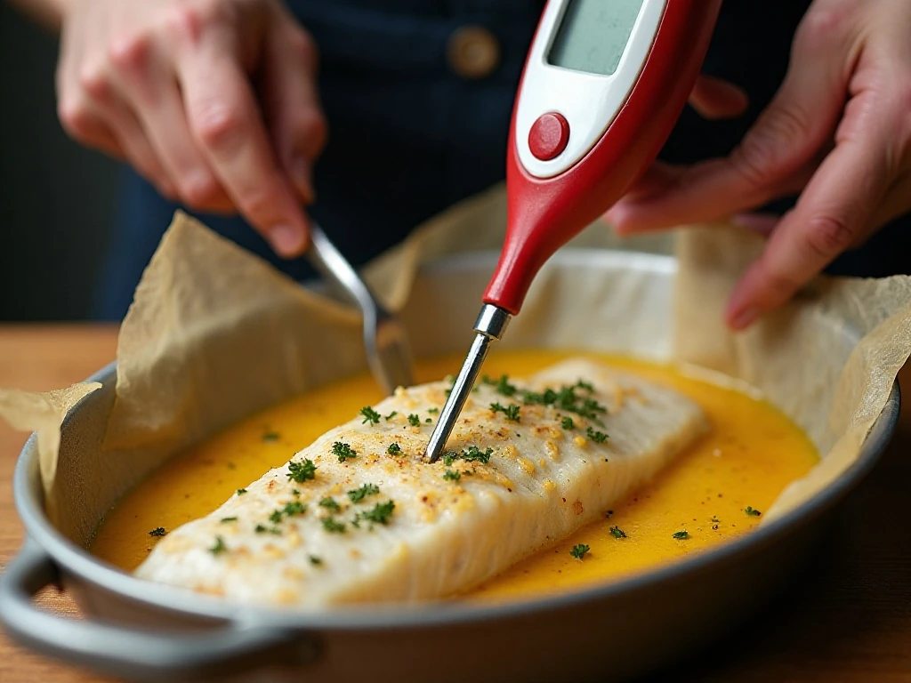 Checking tilapia temperature with an instant-read thermometer