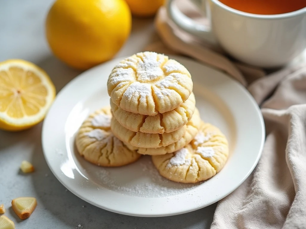 Stack of soft lemon cake mix crinkle cookies with snowy powdered sugar tops
