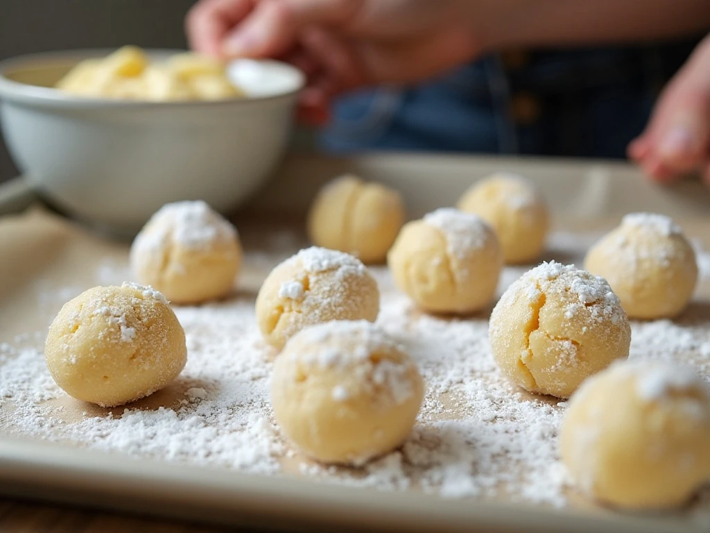 Lemon cookie dough balls coated in powdered sugar on a baking sheet