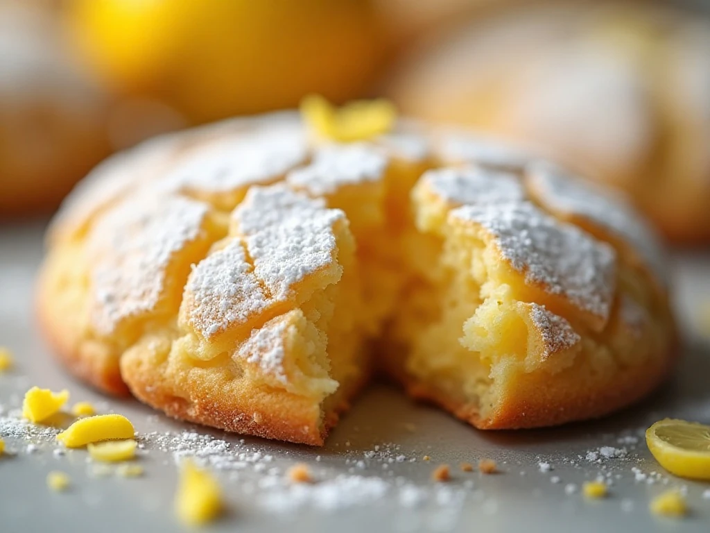 Close-up of powdered sugar cracks on a lemon crinkle cookie