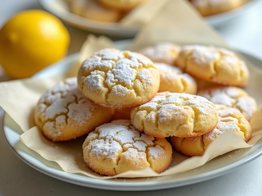 Lemon crinkle cookies arranged for storage and serving