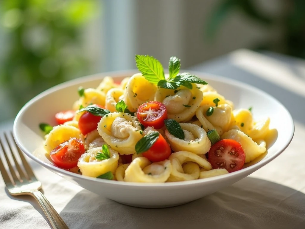 Colorful lemon chicken tortellini salad served in a bowl
