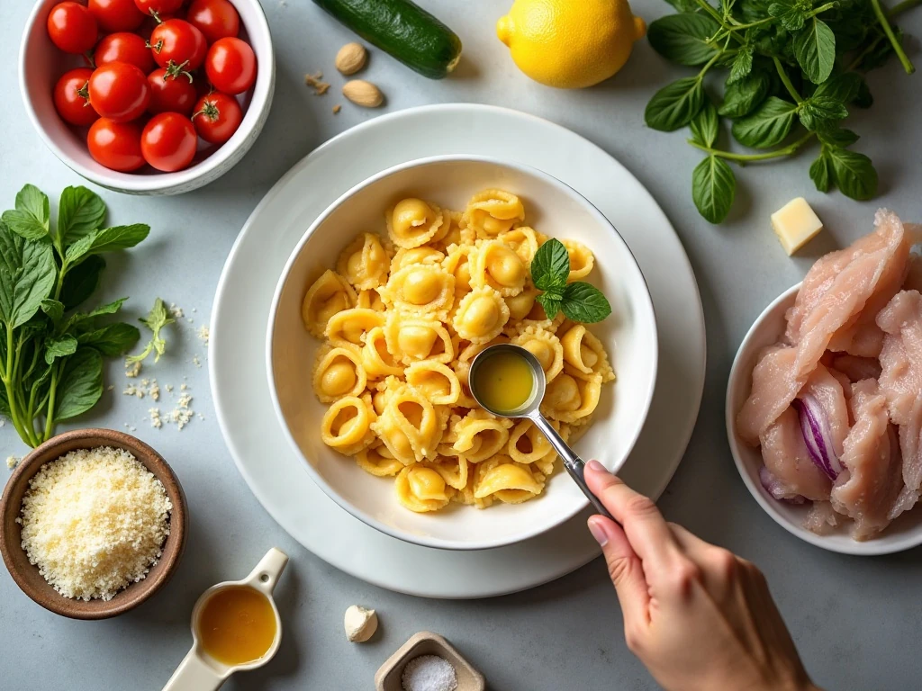 Ingredients for lemon chicken tortellini salad and lemon dressing