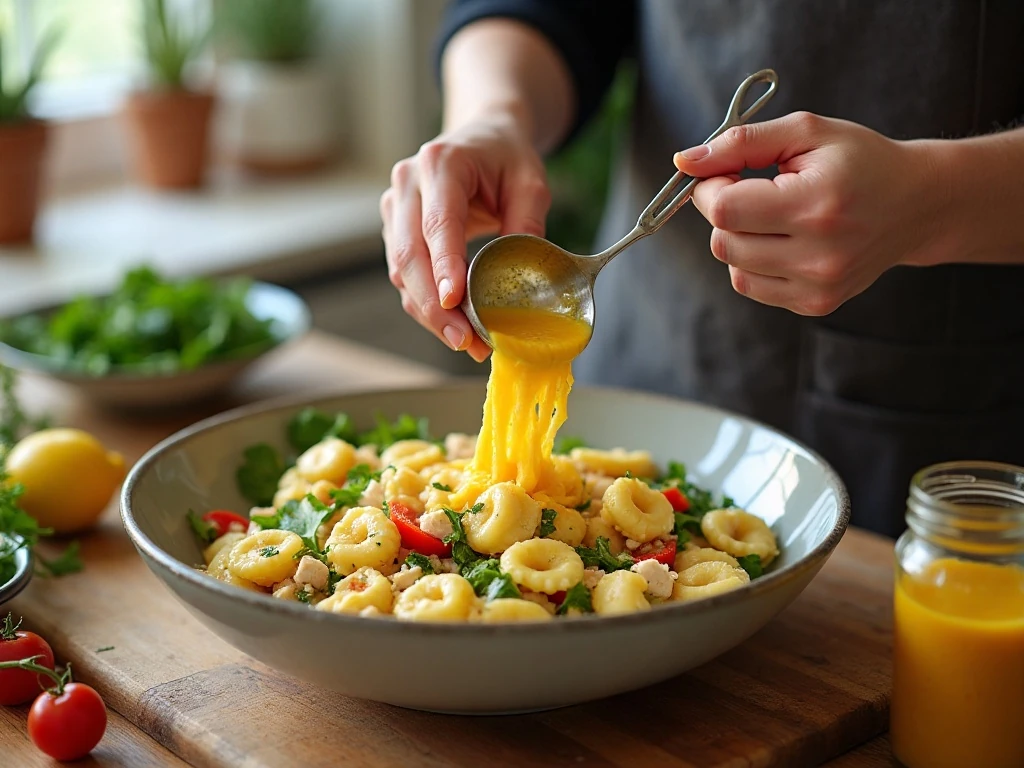 Tossing tortellini, chicken, and vegetables for the salad