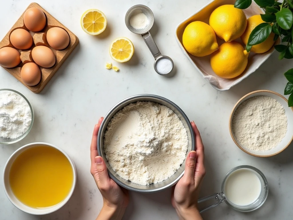 Ingredients for lemon chiffon cake arranged with fresh lemons