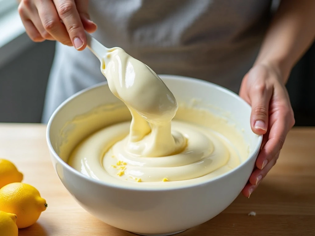 Folding whipped egg whites into lemon chiffon cake batter