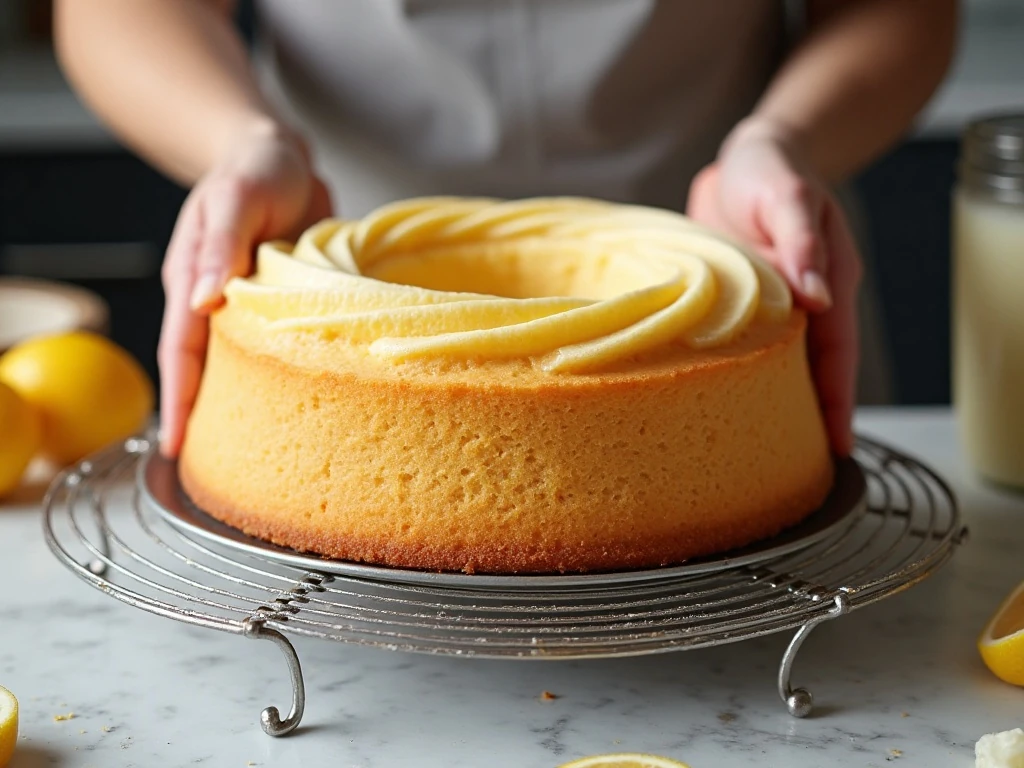 Lemon chiffon cake cooling upside down in a tube pan