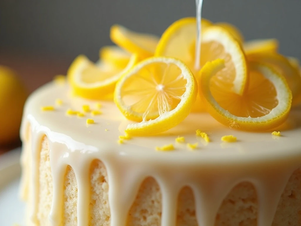 Lemon glazed chiffon cake decorated with lemon zest