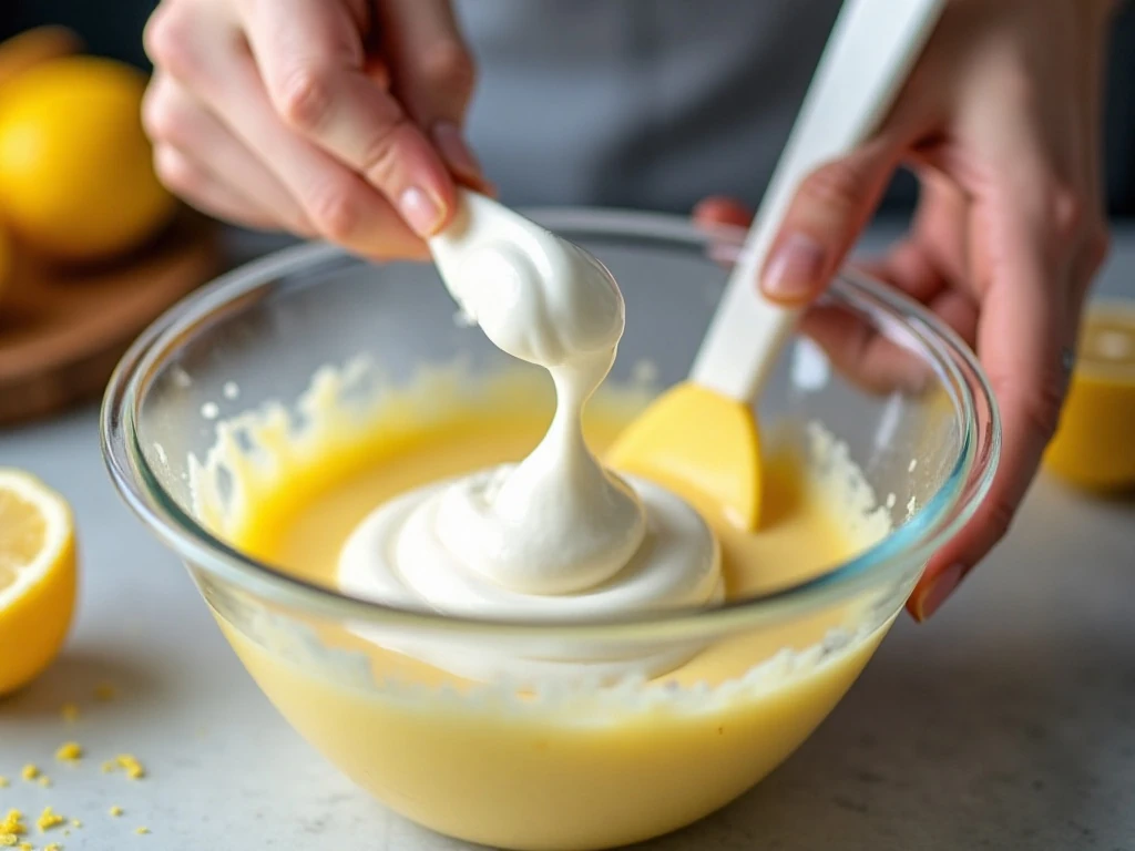 Folding whipped egg whites into lemon chiffon cupcake batter