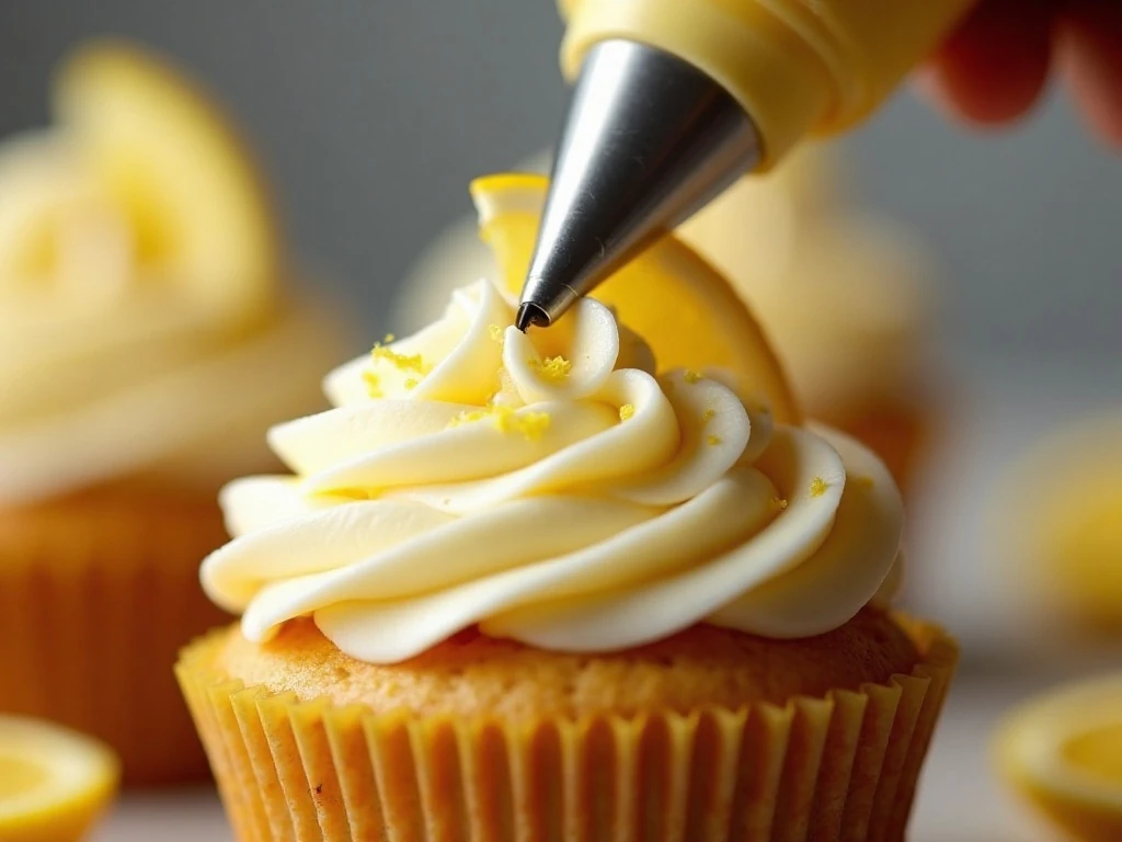 Lemon buttercream piped onto a chiffon cupcake with lemon zest