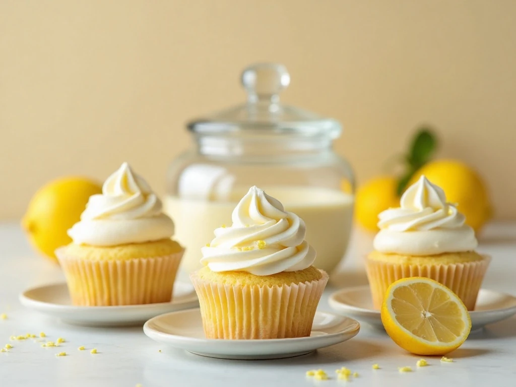 Frosted lemon chiffon cupcakes stored in a covered container