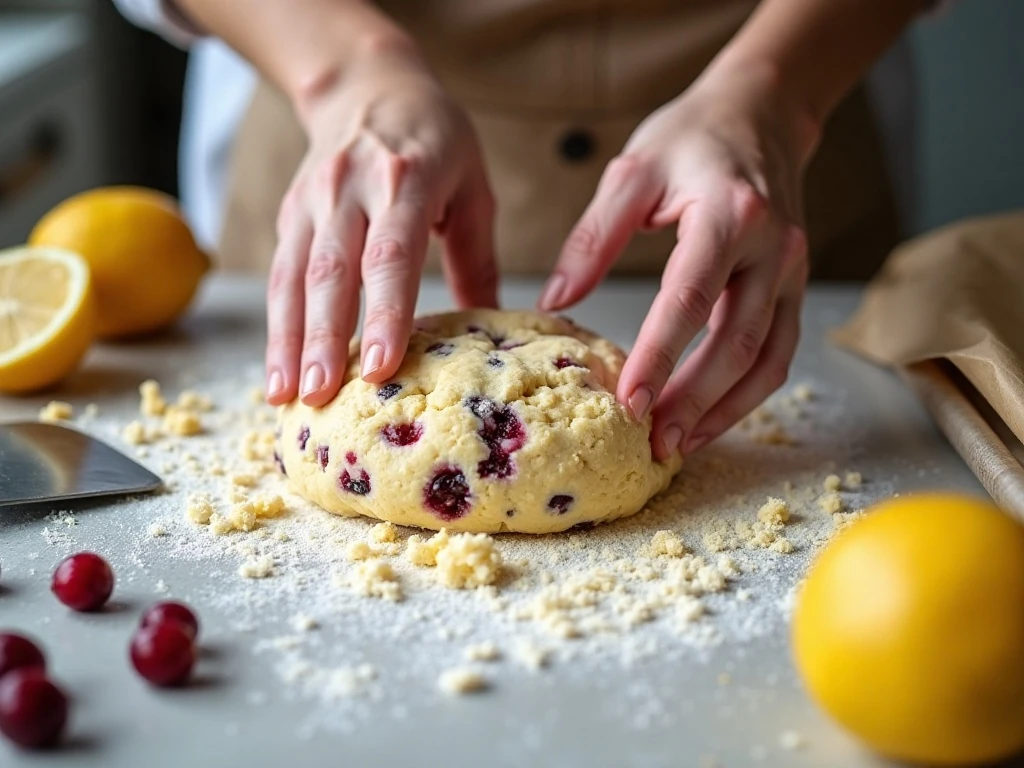Gently shaping lemon cranberry scone dough