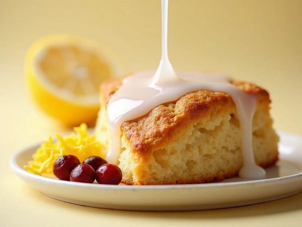 Lemon glaze drizzled over a cranberry scone