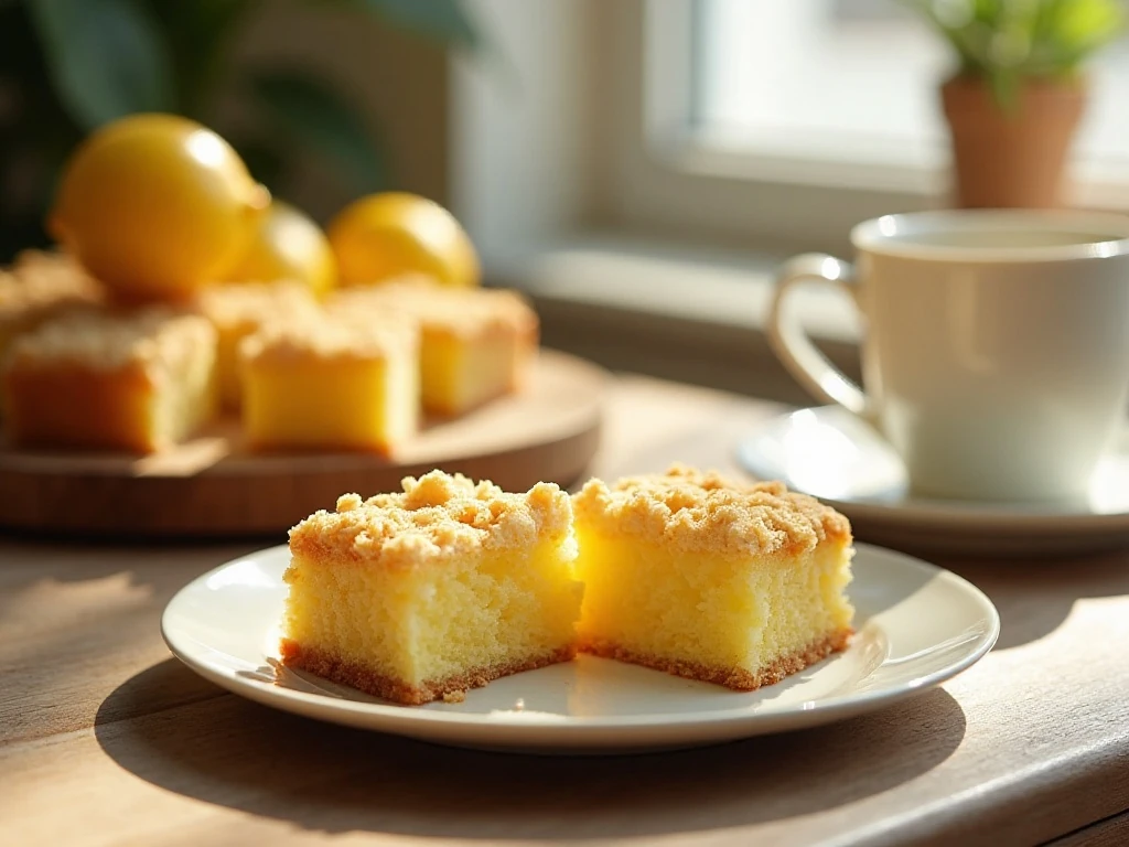 Slices of moist lemon crumble breakfast cake served for breakfast