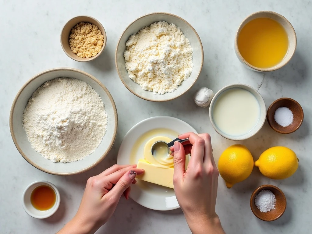 Ingredients for lemon crumble breakfast cake arranged on a counter
