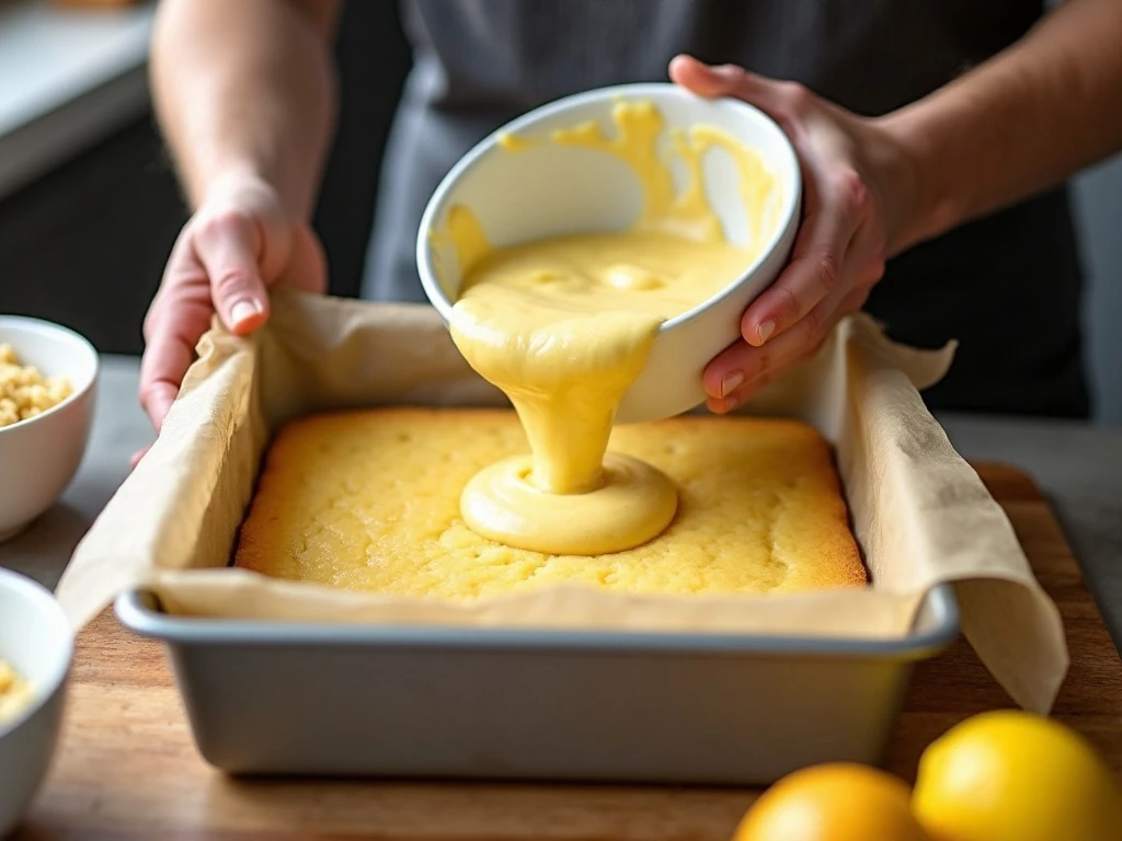 Thick lemon cake batter being spread into a square baking pan