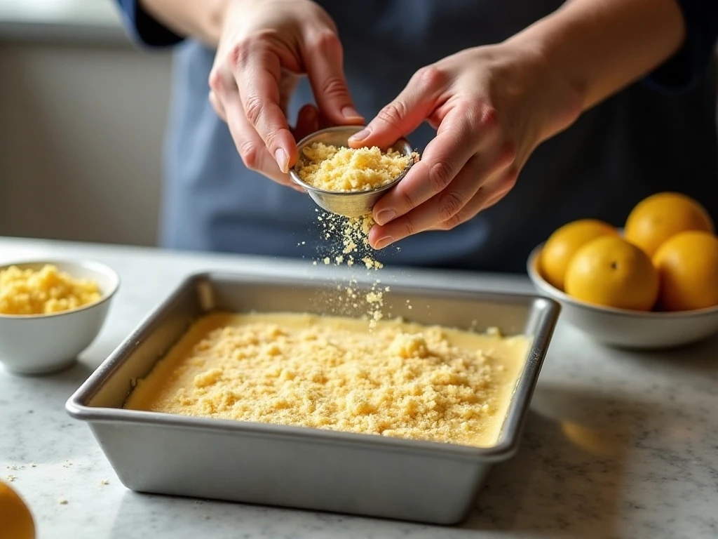 Buttery lemon crumble topping sprinkled over breakfast cake batter
