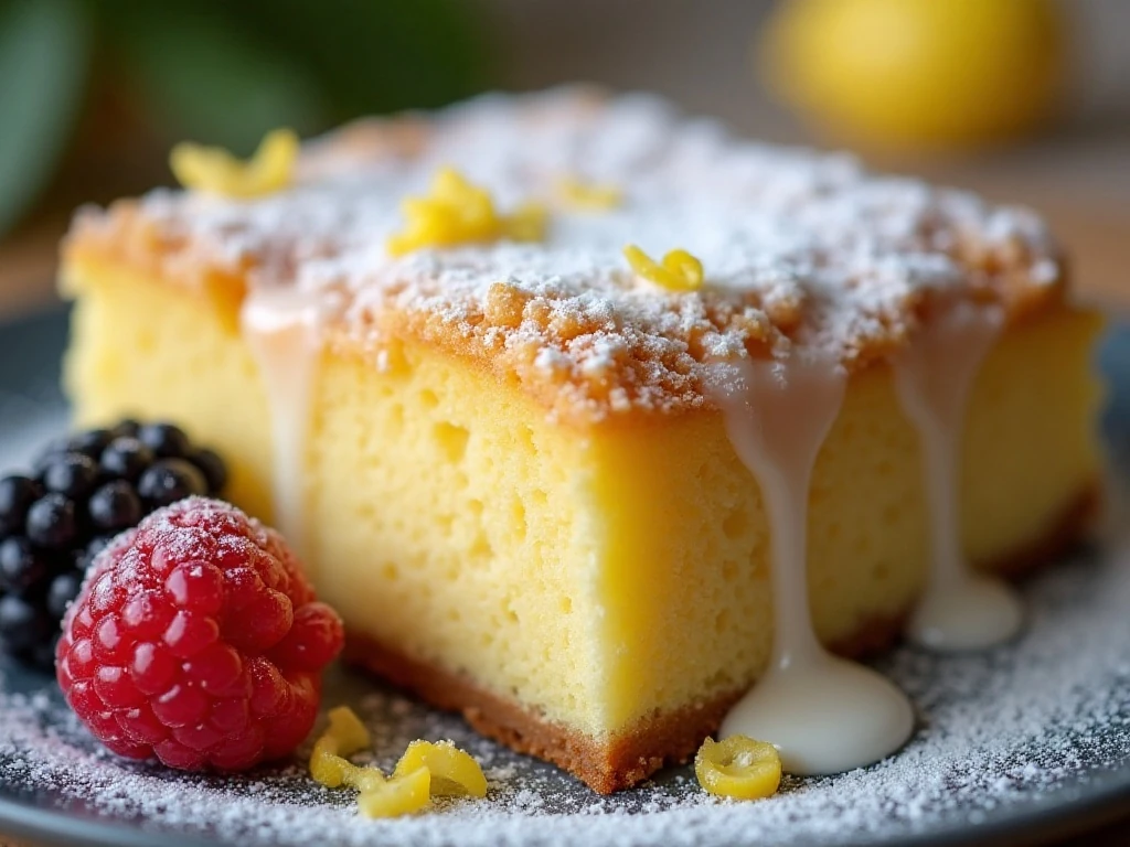 Lemon glaze and zest decorating a slice of crumble breakfast cake