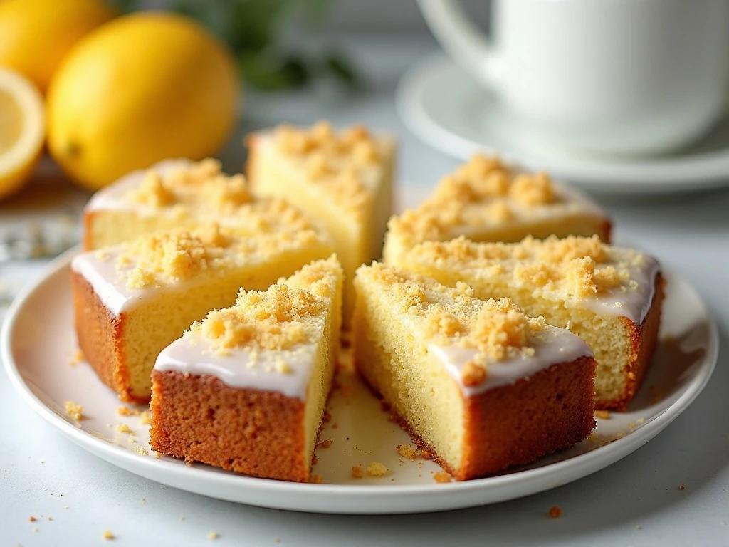 Finished lemon crumble breakfast cake with buttery streusel and glaze