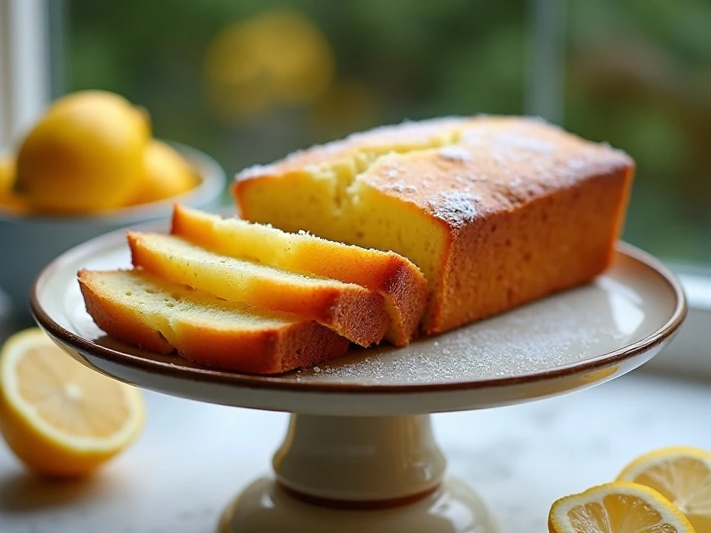 Sliced homemade lemon drizzle cake on a cake stand