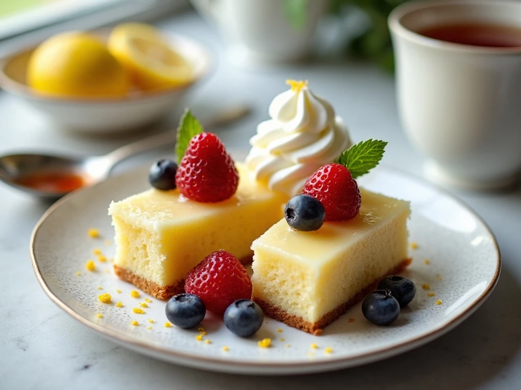 Lemon drizzle cake served with berries and tea