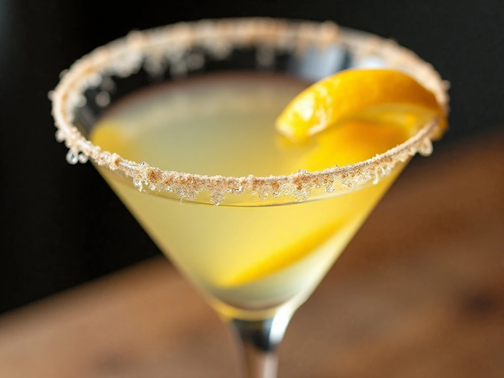 Sugar rim and lemon twist detail on a Lemon Drop Martini