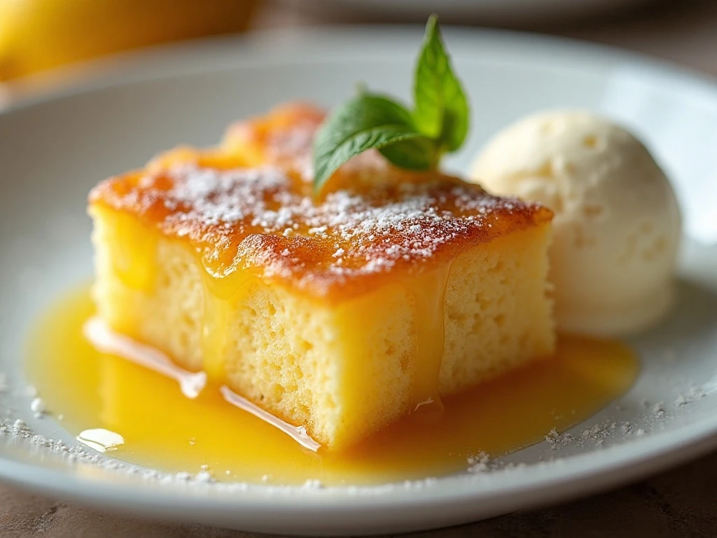 Warm lemon dump cake served with vanilla ice cream