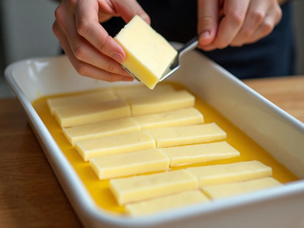Arranging butter slices over lemon cake mix for dump cake