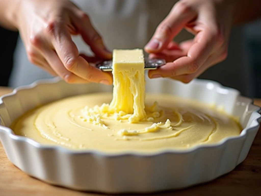 Grating cold butter over lemon cake mix for even coverage