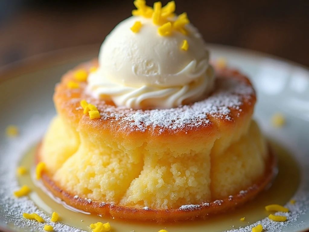 Lemon dump cake with powdered sugar, zest, and ice cream