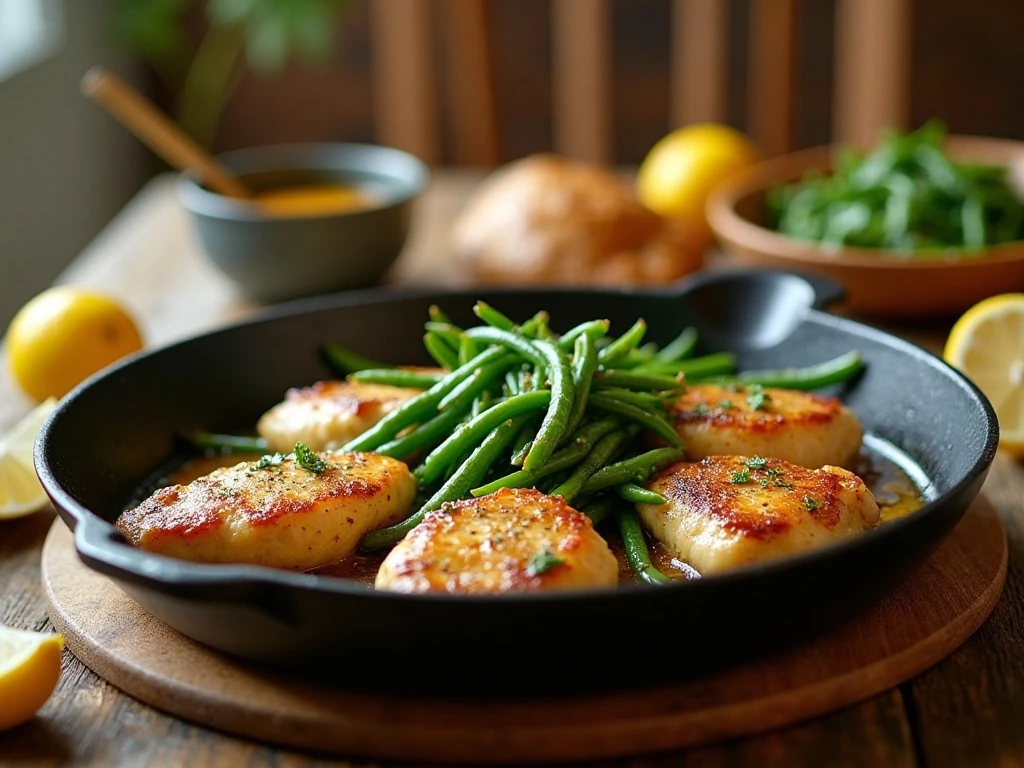 Lemon garlic butter chicken and green beans skillet ready for dinner