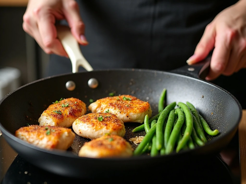 Chicken and green beans cooking in a skillet with garlic butter sauce