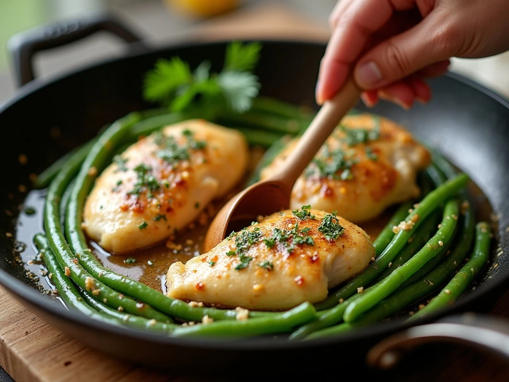 Scraping browned bits into the lemon garlic butter skillet sauce