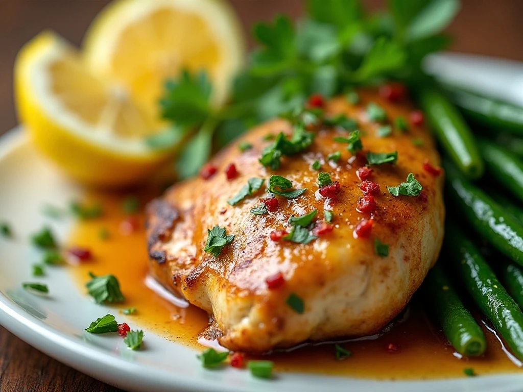 Parsley-garnished lemon garlic butter chicken and green beans