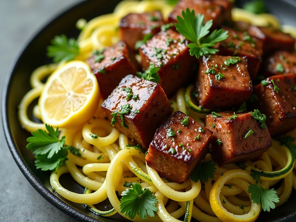 Lemon garlic butter steak served over zucchini noodles