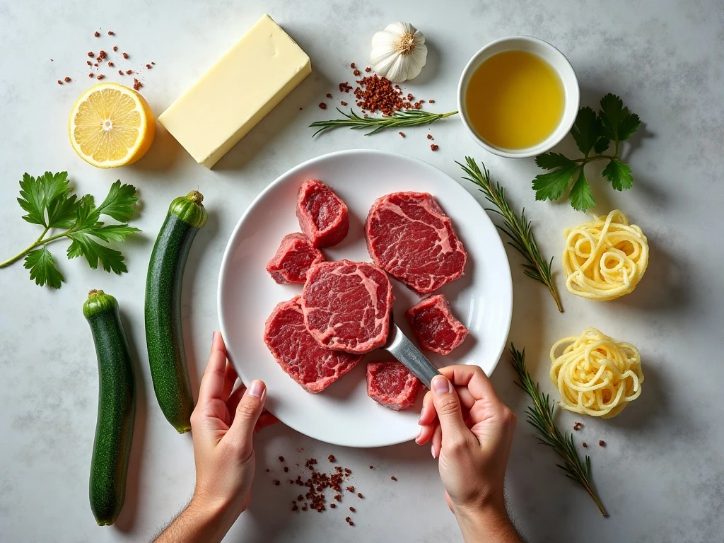 Ingredients for lemon garlic butter steak with zucchini noodles