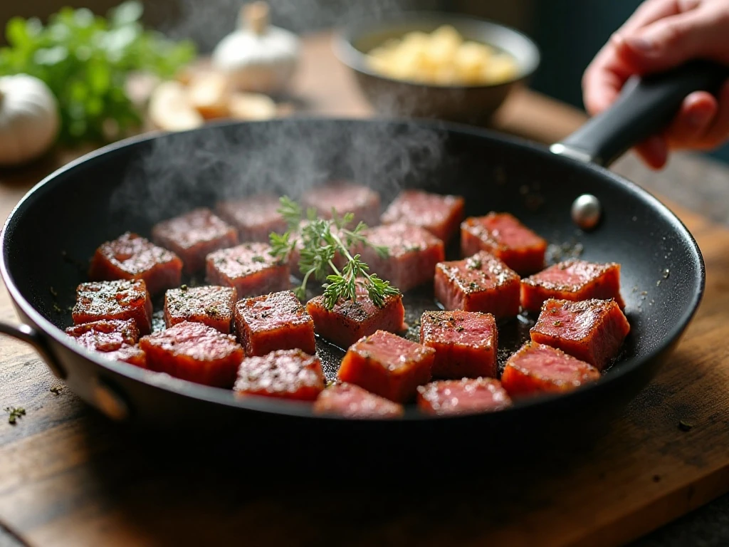 Sirloin steak cubes searing in a skillet