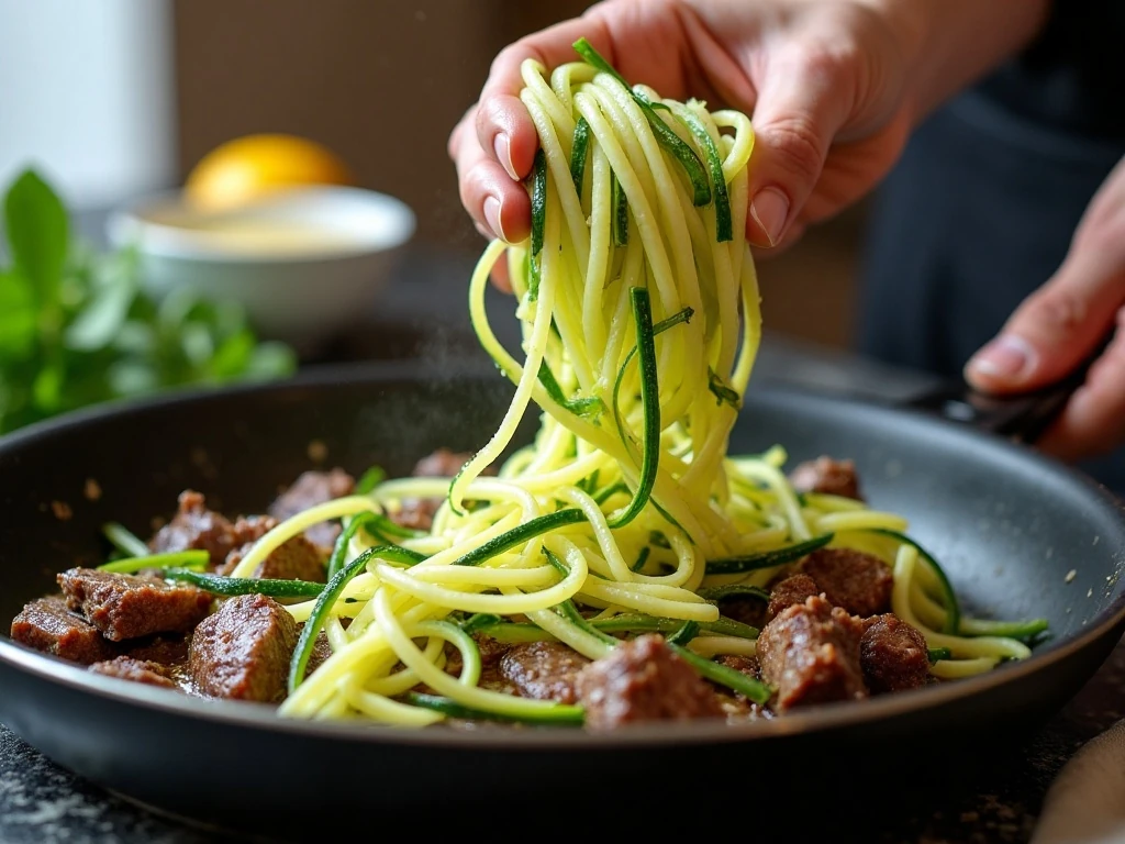 Zucchini noodles cooking in lemon garlic butter sauce