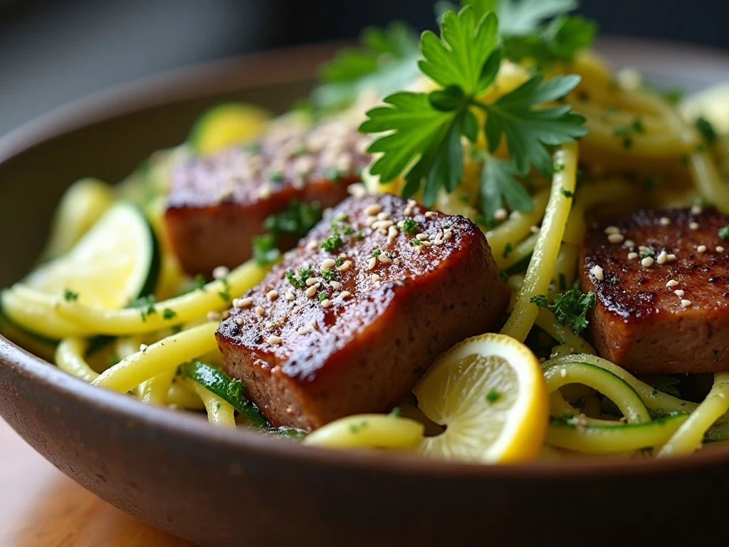 Close-up of garnished steak and zucchini noodles