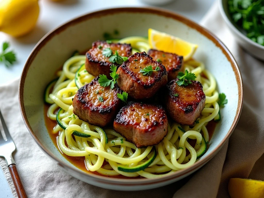 Lemon garlic butter steak bites served over zucchini noodles