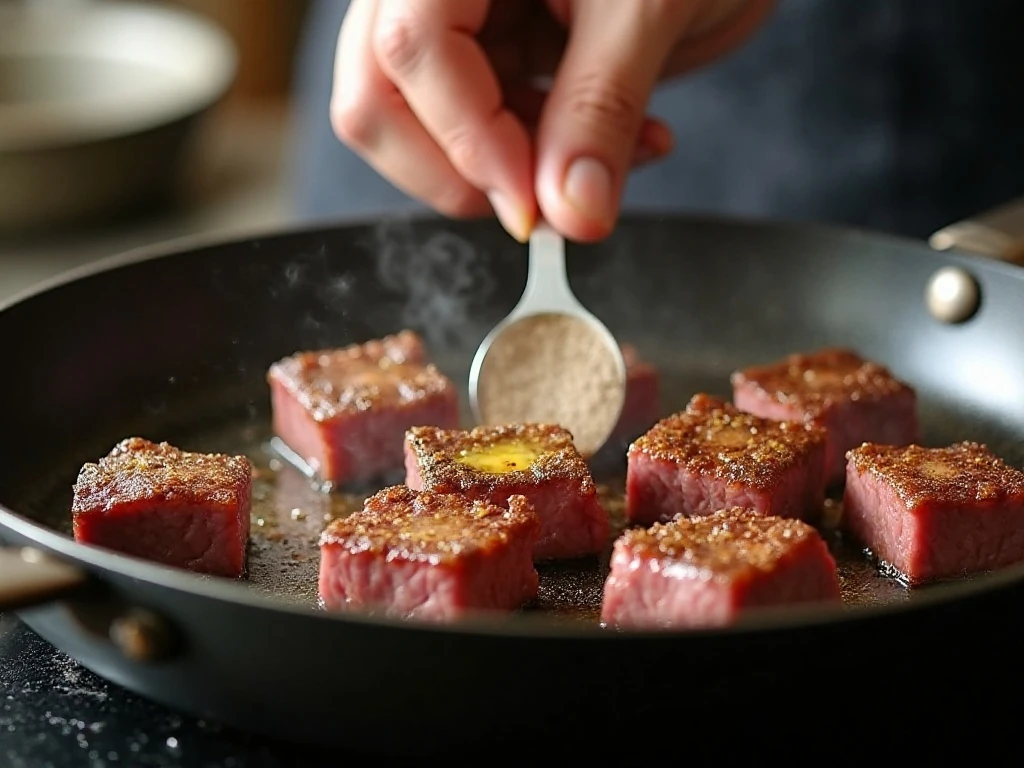 Sirloin steak cubes searing in a skillet