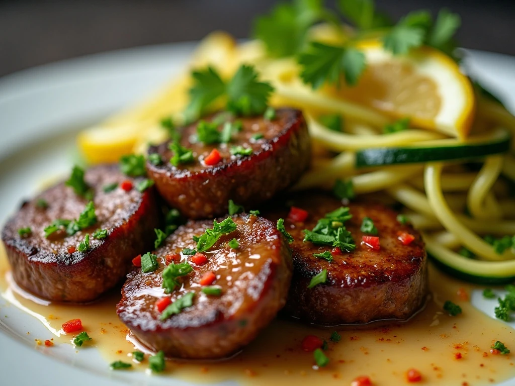 Parsley garnish on lemon garlic butter steak and zucchini noodles