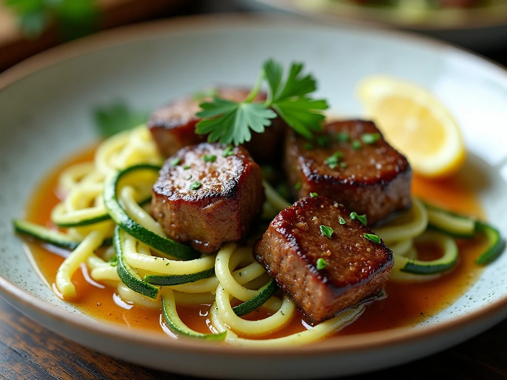 Finished serving of steak with zucchini noodles