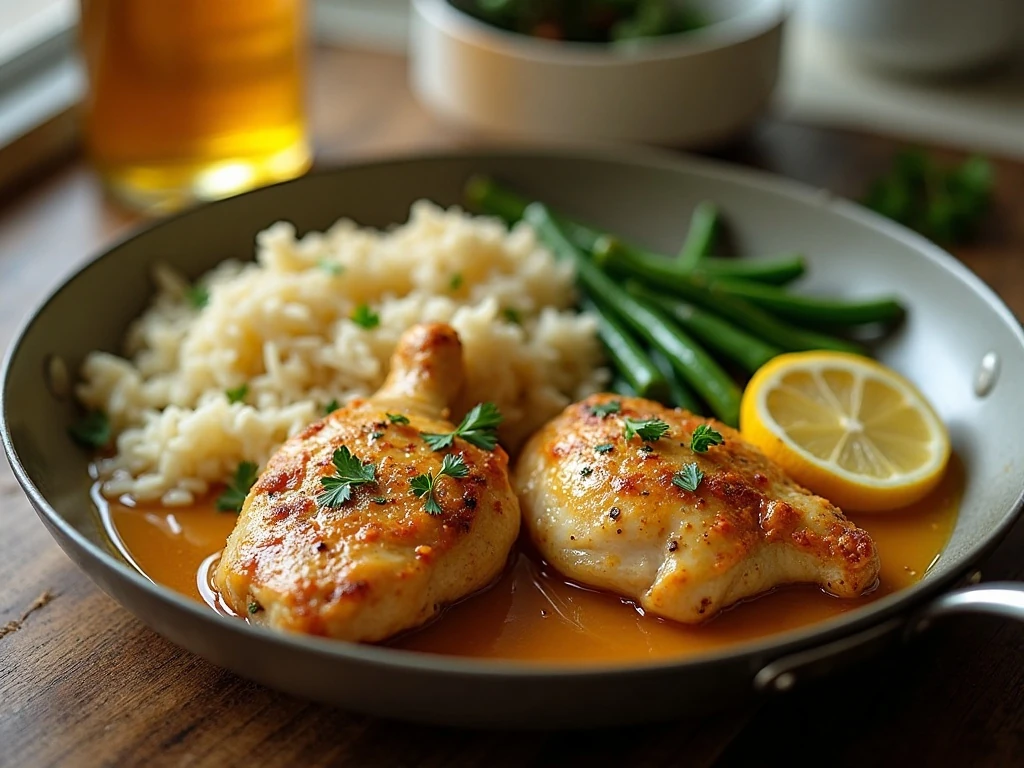 Golden lemon garlic chicken with rice and green beans