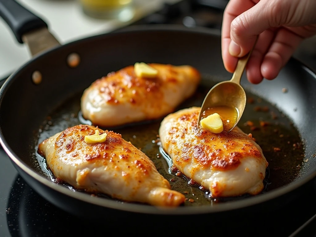 Chicken breasts searing in a skillet