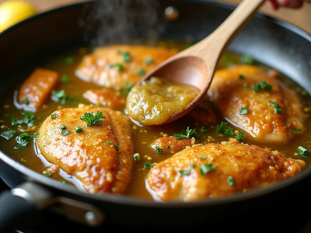 Lemon garlic sauce simmering in a skillet