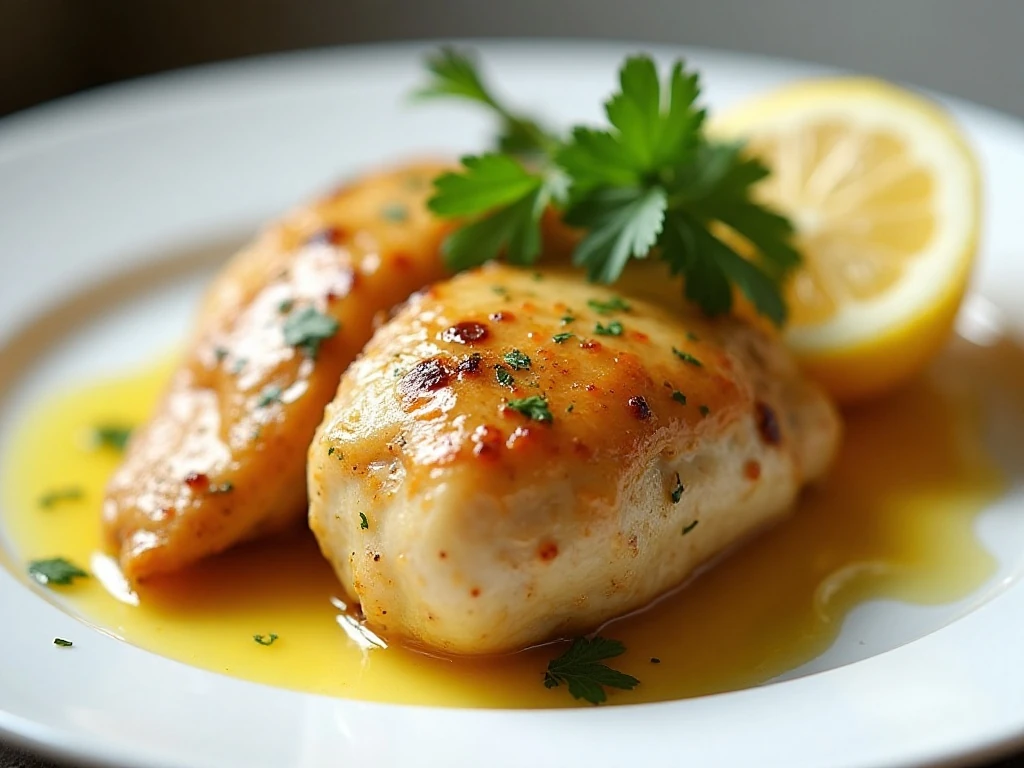 Lemon garlic chicken garnished with parsley and lemon