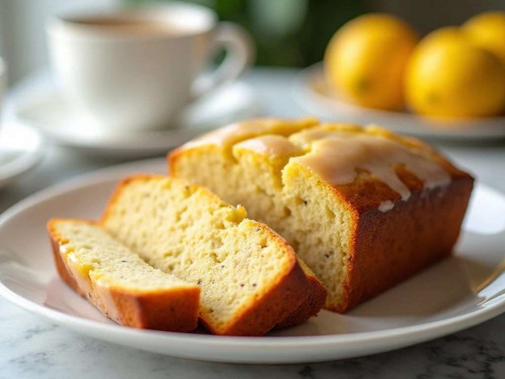Sliced glazed lemon poppy seed bread served on a white platter