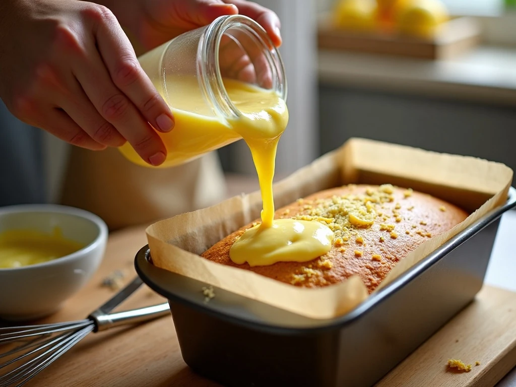 Lemon poppy seed bread batter being poured into a loaf pan